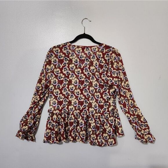 Pansy Floral Dusty Burgundy Viola Ruffle Drawstring Blouse - Picture 6 of 8